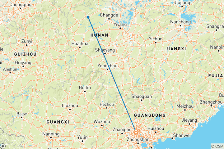 Kaart van 4-daagse Tocht naar Zhangjiajie en Fenghuang Oude Stad vanuit Guangzhou per Bullet Train en Vlucht