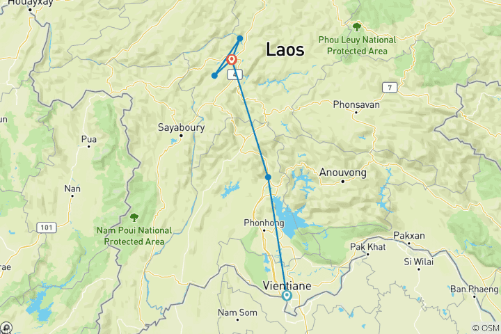 Kaart van Verken Vang Vieng & Luang Prabang vanuit Vientiane 8 Dagen