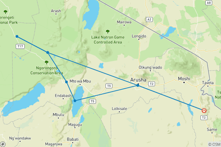 Carte du circuit 6 jours - Aventure safari en Tanzanie (Highlights of Tanzania Safari Adventure)