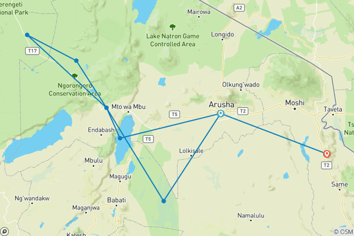 Kaart van 5-Daagse middenklasse safari het beste van Tanzania