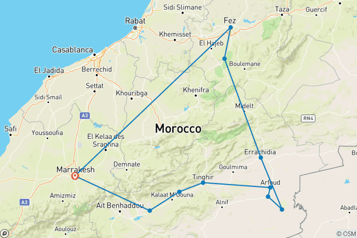 Kaart van 6-daagse tour van Marrakech via Sahara-woestijn & Fez