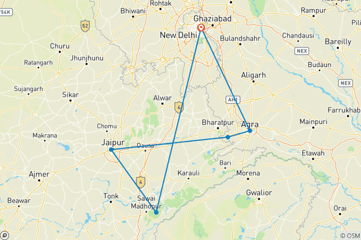 Mapa de Circuito por el Triángulo Dorado con safari de tigres en Ranthambore y visita al Taj Mahal - 5 días