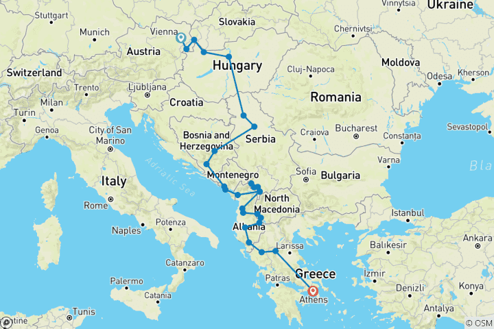 Map of Vienna to Athens / Corfu; Semi – Private Tour with Dedicated Tour Leader & Car