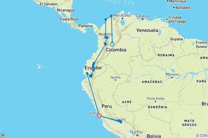 Carte du circuit Circuit express de 22 jours en Colombie, Équateur et Pérou