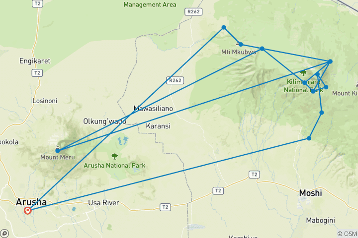 Carte du circuit Safari de 8 jours pour l'ascension du Mont Kilimandjaro