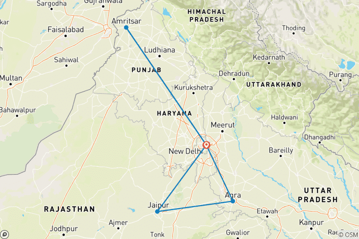 Carte du circuit Célèbre circuit de 8 jours du Triangle d'Or avec le mystique Temple d'Or d'Amritsar - TOUT COMPRIS