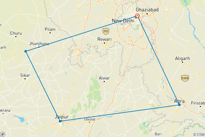 Carte du circuit 7 jours - Circuit populaire du Triangle d'Or avec Mandawa