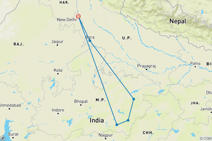 Carte du circuit 11 jours de safaris animaliers en Inde avec visite romantique du Taj Mahal - TOUT COMPRIS