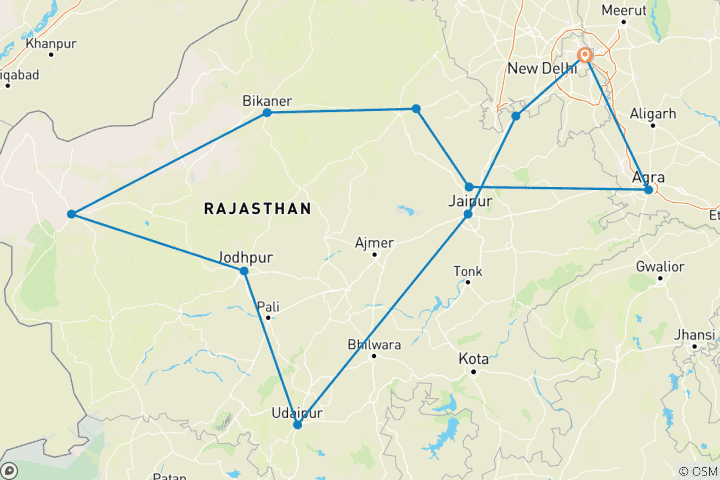 Map of 16 Days Imperial Rajasthan Cultural Tour with Splendid Taj Mahal(ALL INCLUSIVE)