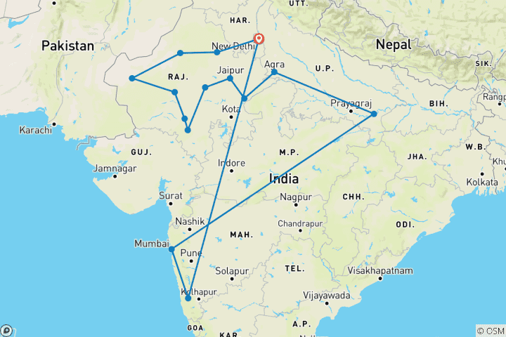 Mapa de Excursión Esencia del Norte de la India con relajación en la playa de Goa, vuelos incluidos