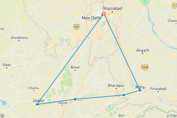 Carte du circuit Triangle d'or classique - Delhi, Jaipur et Agra avec visite du Tajmahal au lever du soleil !