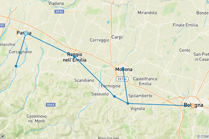 Carte du circuit Les merveilles culinaires de l'Émilie-Romagne à vélo - Visite guidée