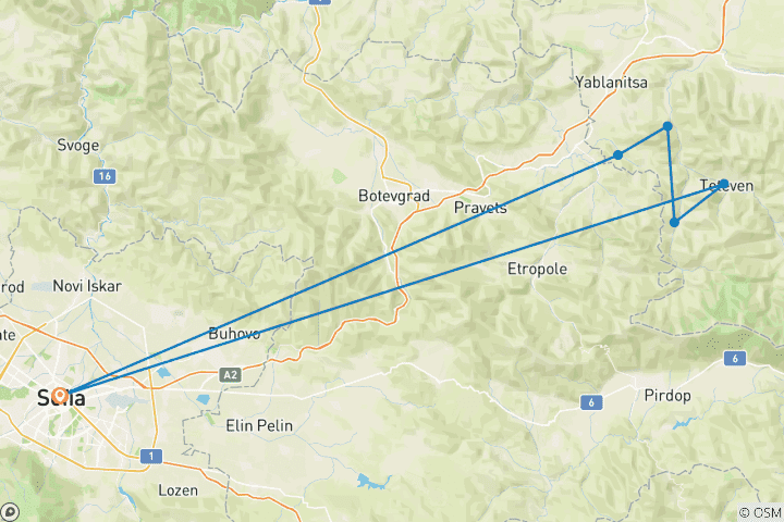 Carte du circuit Balkan Village Trek (6 jours de randonnée progressive dans la région des Balkans de Teteven)