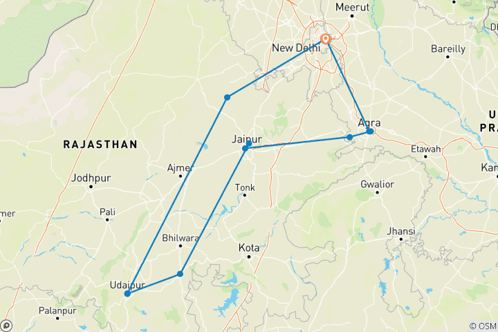 Kaart van Gouden Driehoek Tour Met Udaipur