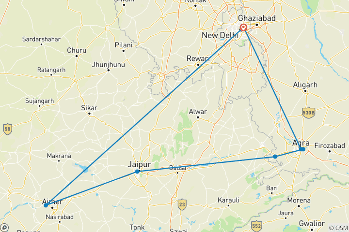 Kaart van Gouden Driehoek Tour met Pushkar