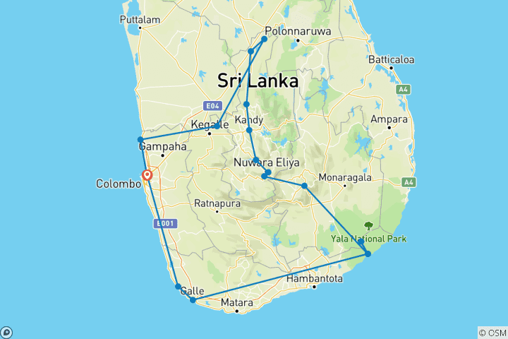 Mapa de 8 días de experiencia en Sri Lanka