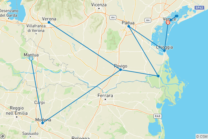 Carte du circuit De Mantoue, imprégnée de la Renaissance, aux canaux de Venise (de Mantoue à Venise)
