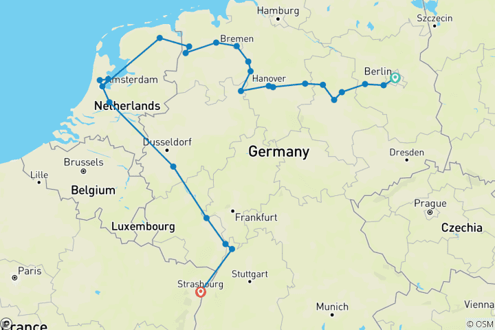 Kaart van Van Berlijn naar Straatsburg (van haven tot haven cruise)