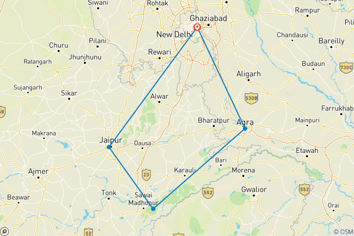 Map of Golden Triangle Tour with Ranthambore with 3 Star Hotels