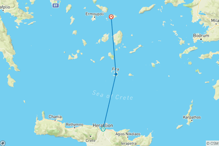 Kaart van Egeïsche Ontsnapping (8 dagen) - Kreta, Santorini & Mykonos (Zelfbegeleide)