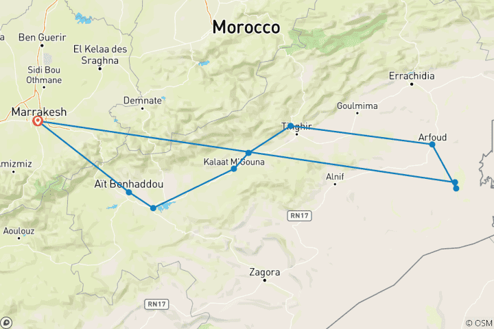 Karte von 3 Tage Marrakesch-Sahara-Wüstentour mit Luxus-Camp-Erlebnis in Merzouga
