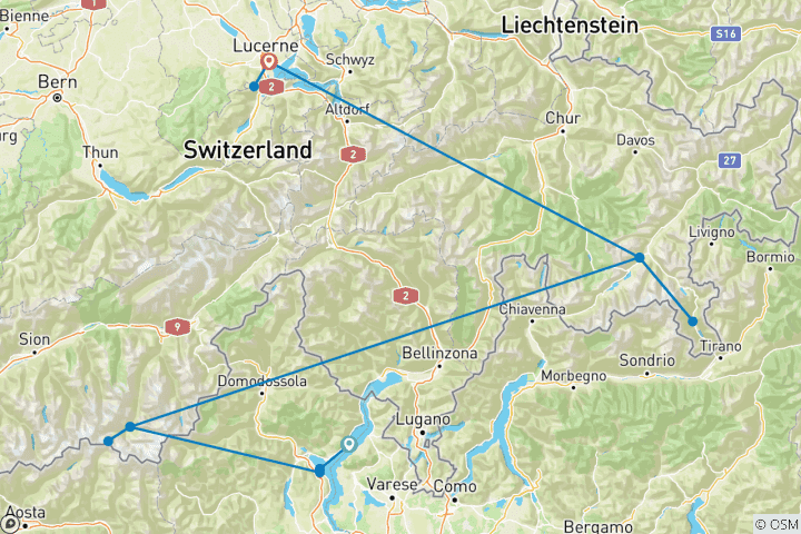Carte du circuit Lacs alpins et trains panoramiques : croisière sur le lac Majeur et trajets en train panoramique en Suisse et en Italie (du lac Majeur à Lucerne, 2026)