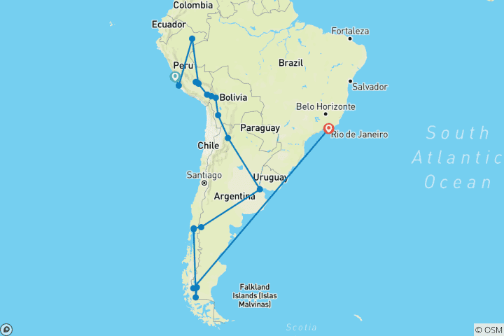 Carte du circuit 35 jours en Amérique du Sud : Pérou, Bolivie, Argentine, Chili et Brésil