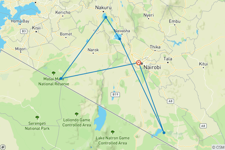 Kaart van 7 Dagen Kenia Standaard Kampen & Lodgesafari