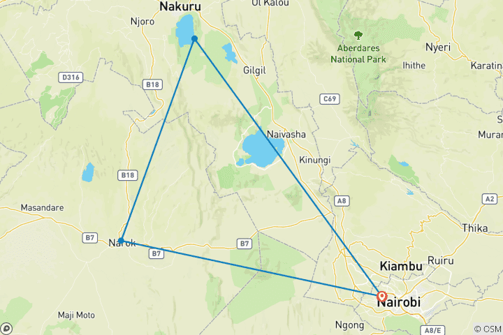 Mapa de Safari de 4 días por el Masai Mara y el Lago Nakuru
