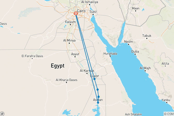 Map of Marvel Egypt 7 Days (Giza Pyramids ,Gem Museum , Aswan Nile Cruise . Luxor & Sleeper Train Round Trip)