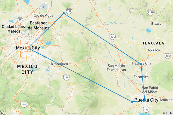 Karte von Puebla: antike Ruinen, Natur und majestätischer Vulkan