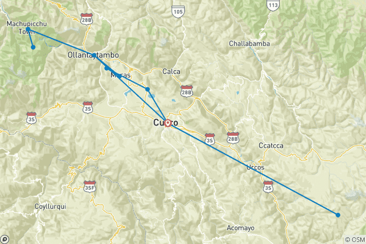 Mapa de 6 días de aventura: Cusco, Machu Picchu, Lago Humantay y Montaña Arco Iris