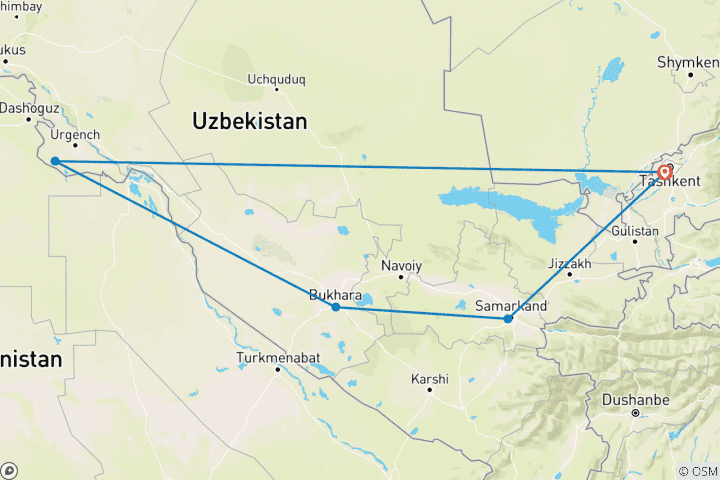 Mapa de Recorrido cultural de 8 días por Uzbekistán (opción de hotel de 3 estrellas)
