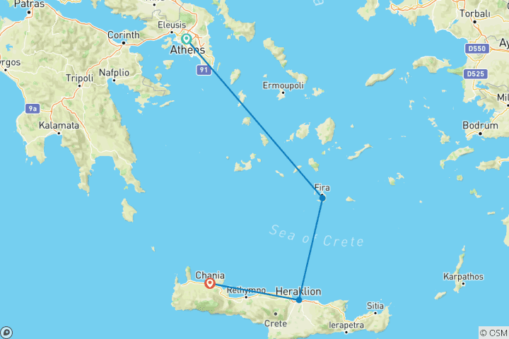 Map of 8 Days Athens, Santorini & Crete Tour - Standard