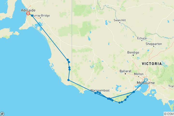 Carte du circuit La Grande Route de l'Océan Melbourne - Adélaïde 4 jours 3 nuits
