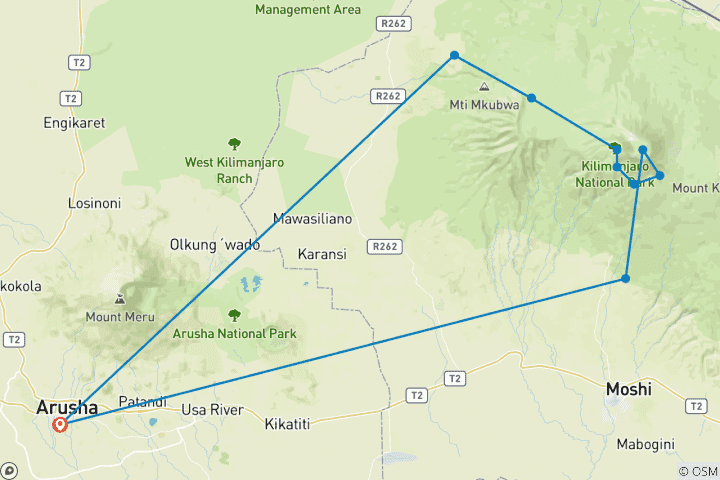 Kaart van 8 dagen 7 nachten Kilimanjaro Trekking via Shira Route