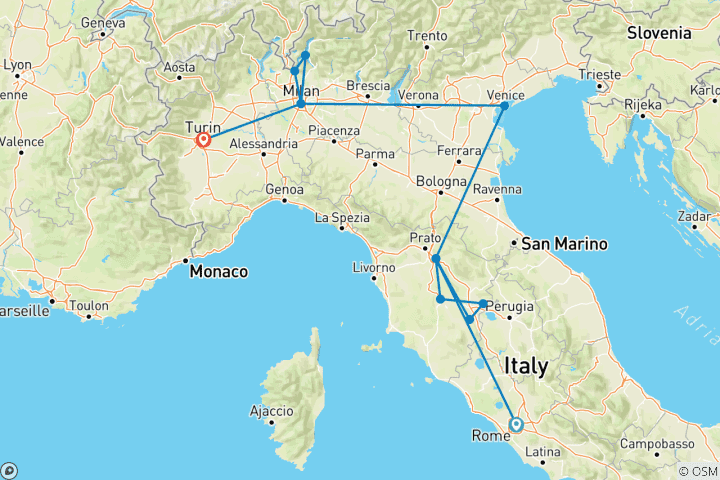 Kaart van Italië Ontsnappen: 10 Dagen Rome, Florence, Venetië, Milaan, Turijn & meer!