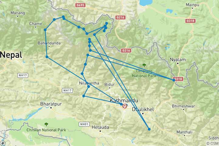Karte von Manaslu Trek über Tsum Valley - 22 Tage