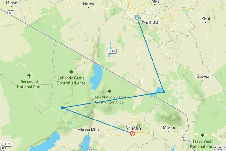 Mapa de Safari Ultimate Amboseli Ngorongoro de 5 días
