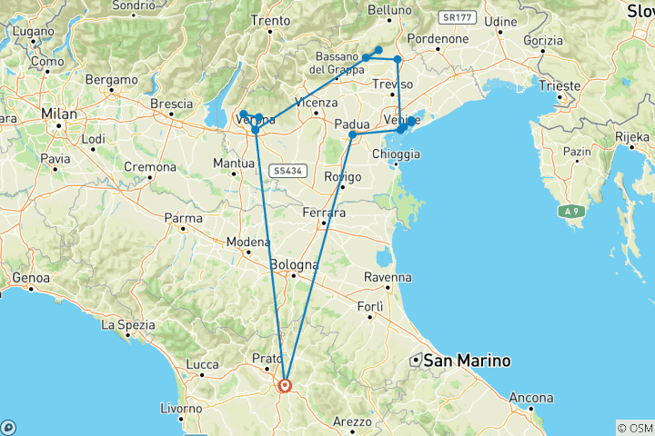 Carte du circuit Expérience privée en Vénétie, conçue pour les amateurs de gastronomie et de vin.