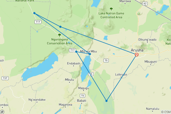 Kaart van Ga mee op onze Beste 5 Daagse Tanzania Groepssafari