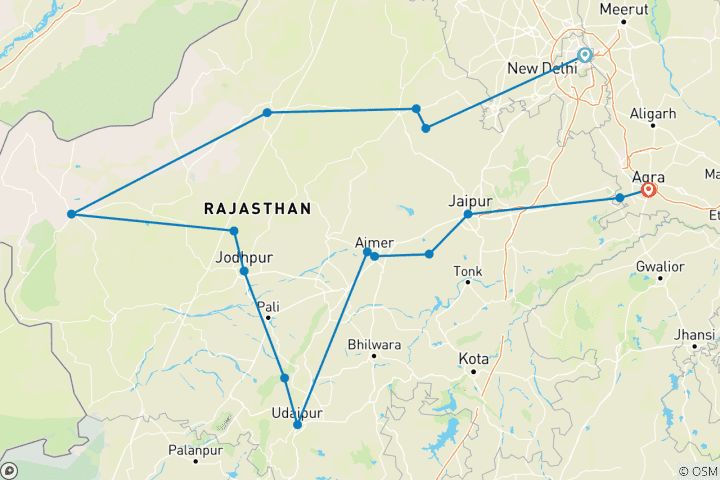 Karte von Klassische Rajasthan-Tour - Königliches Gefühl mit Royal Rajathan