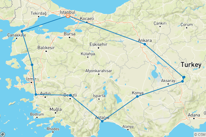 Kaart van 11 Daagse Zeven Wonderen van Turkije Privéreis vanuit Istanbul