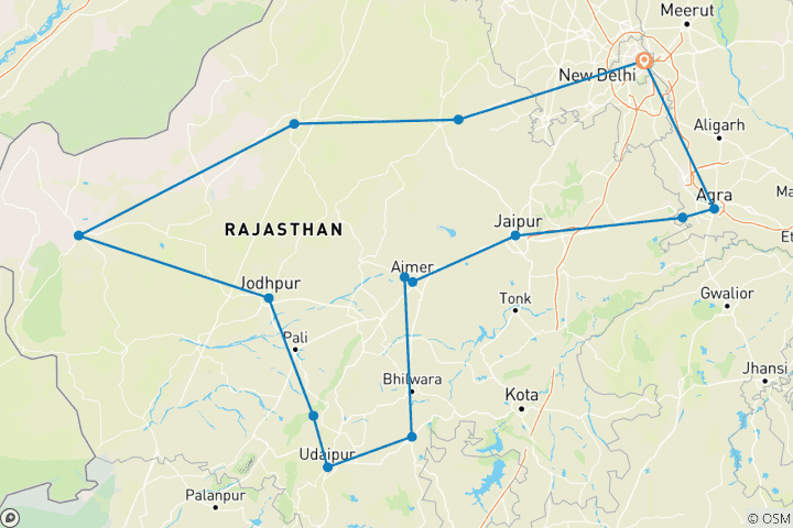 Karte von Delhi, Agra & Rajasthan Rundreise