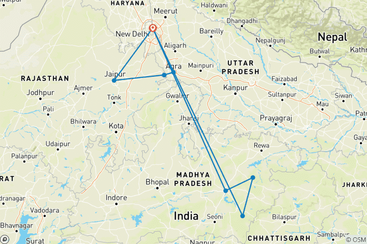 Kaart van India tijgertocht met Gouden Driehoek