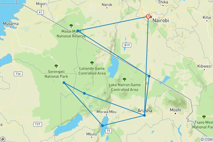 Map of 9 Days, 8 Nights Kenya And Tanzania Budget Group Camping Safari Package