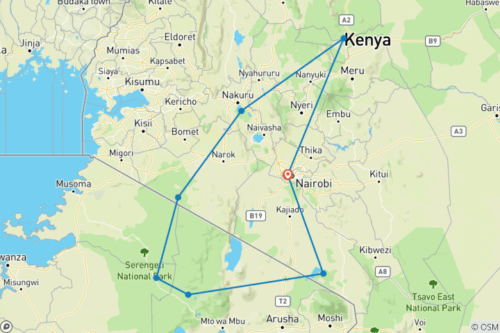 Kaart van 13-daagse safari door het hart van Kenia en Tanzania