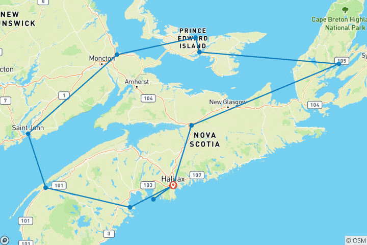 Carte du circuit L'enchantement des Maritimes canadiennes