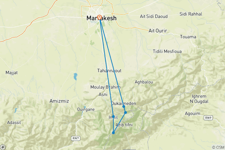 Carte du circuit Ascension du Mont Toubkal et randonnée dans les villages berbères - 4 jours au départ de Marrakech
