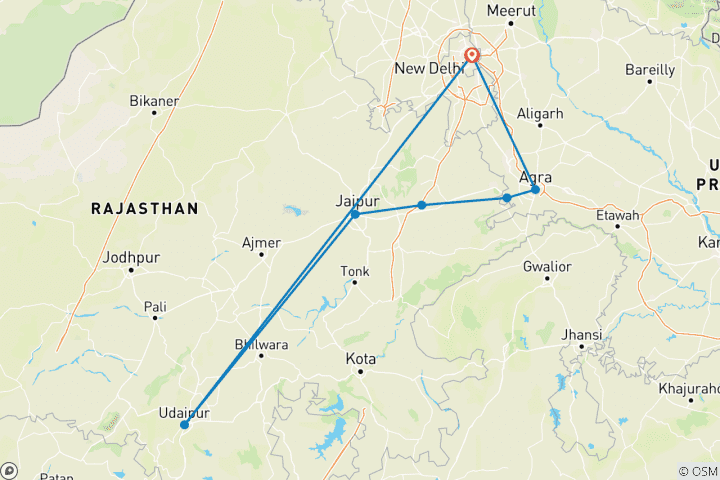 Karte von Goldenes Dreieck mit Udaipur Delhi - Agra - Jaipur - Udaipur) 7 Nächte/8 Tage